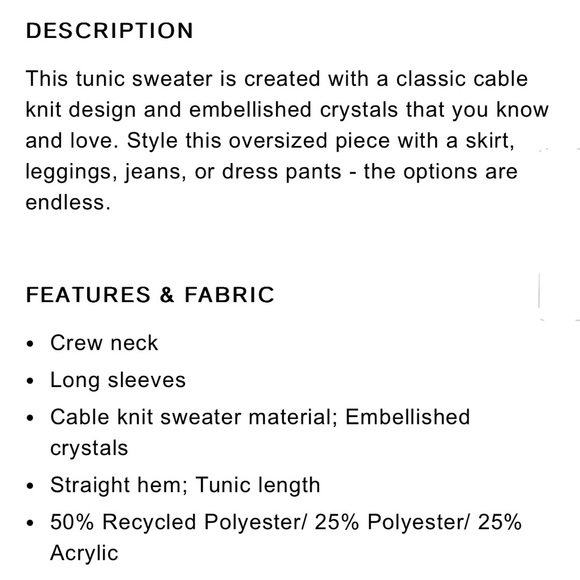 NWT Express Rhinestone Embellished Drop Shoulder Cableknit Tunic Sweater Ivory S - Picture 12 of 12